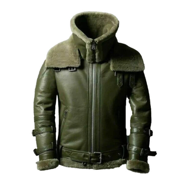 Mens Double Collar Green RAF Bomber Shearling Jacket - Image 2