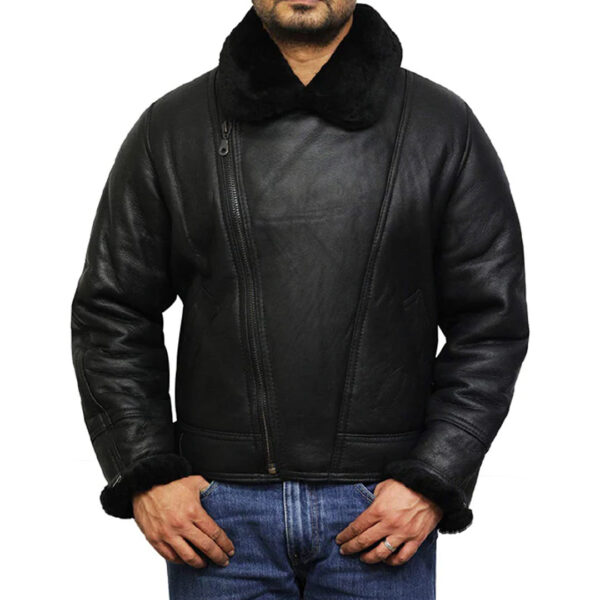 Mens Aviator Pilot B3 Shearling Leather Bomber Jacket - Image 4