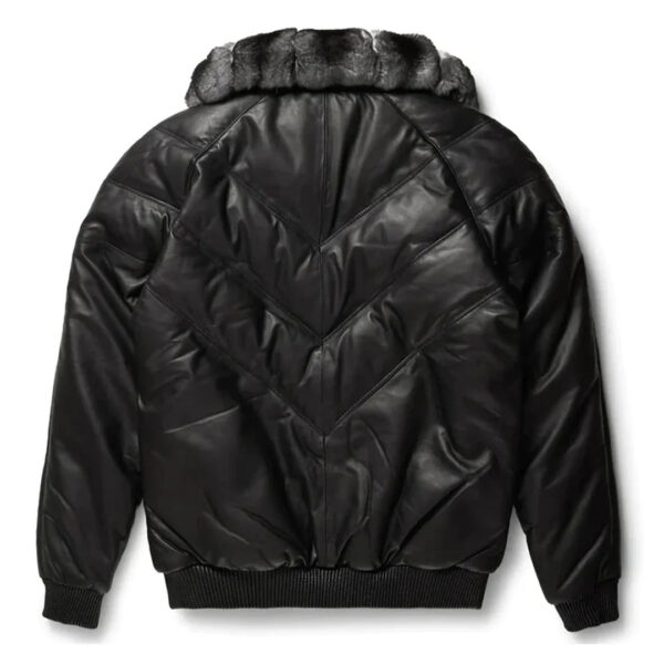 Mens Black V-Bomber Full Fux Collar Leather Jacket - Image 2