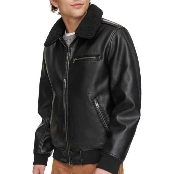 Mens Faux Sherpa Collar Bomber Leather Jacket - Image 2