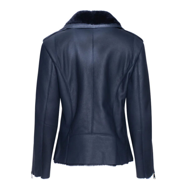 Womens Blue Shearling Straight Moto Jacket - Image 2