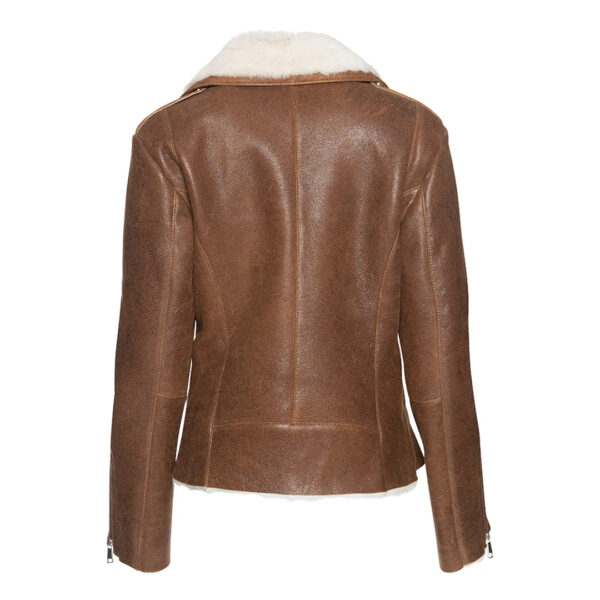 Womens Cognac Shearling Straight Moto Jacket - Image 2