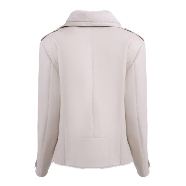 Womens White Shearling Straight Moto Jacket - Image 2