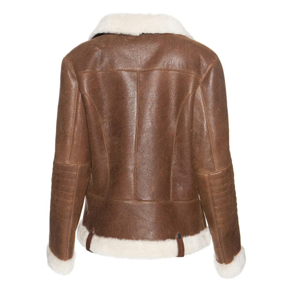 Womens White Fur Merino Shearling Brown Leather Jacket - Image 2