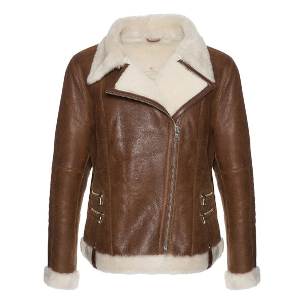 Womens White Fur Merino Shearling Brown Leather Jacket