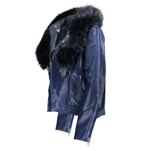 Womens Tara Calf Blue Fur Blue Leather Jacket - Image 3