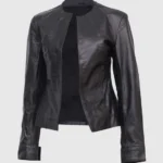 Women Black Collarless Leather Jacket