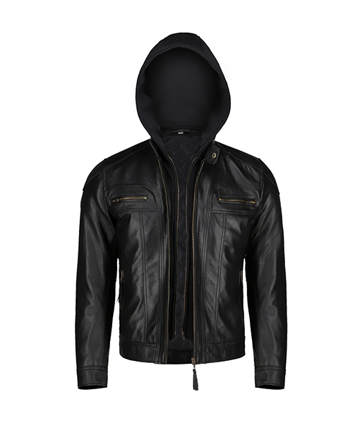 Black Slim Fit Leather Jacket With Hood