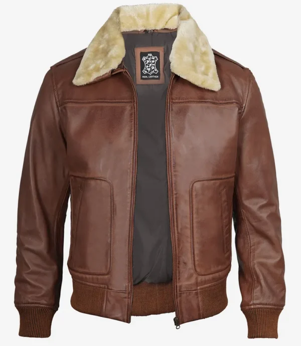 Men's cognac leather bomber jacket