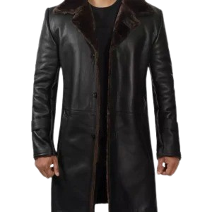 Distressed black shearling leather overcoat