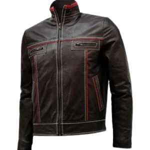 Men's black leather jacket with white stitching