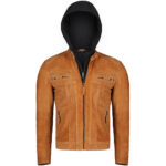 Men’s light Brown Leather Jacket With Hood