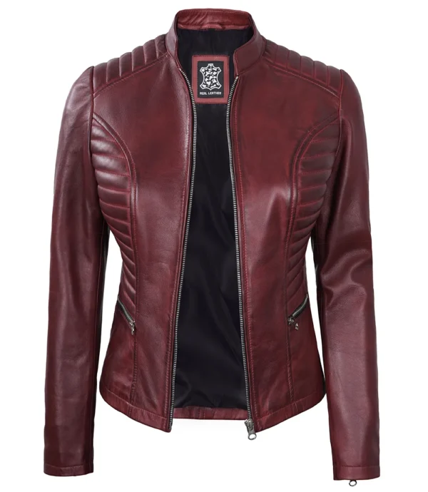 Womens Maroon Leather Cafe Racer Jacket