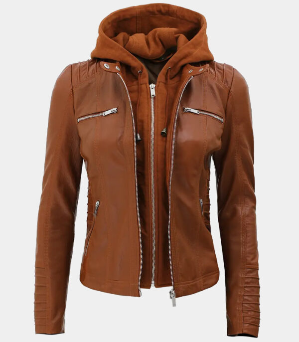 Cognac Brown Womens Leather Jacket With Removable Hood