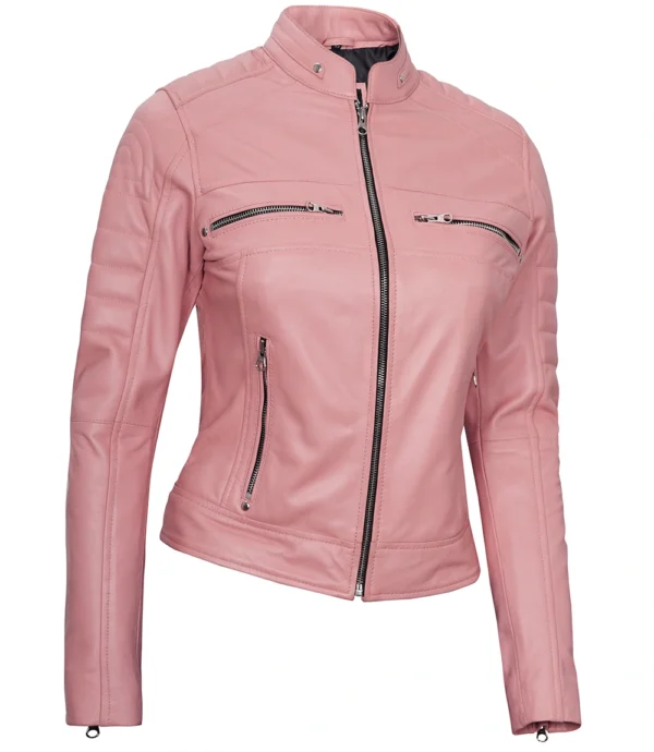Womens Pink Leather Cafe Racer Jacket