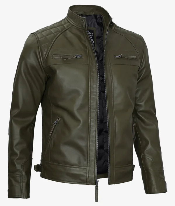 Men's olive green café racer leather jacket