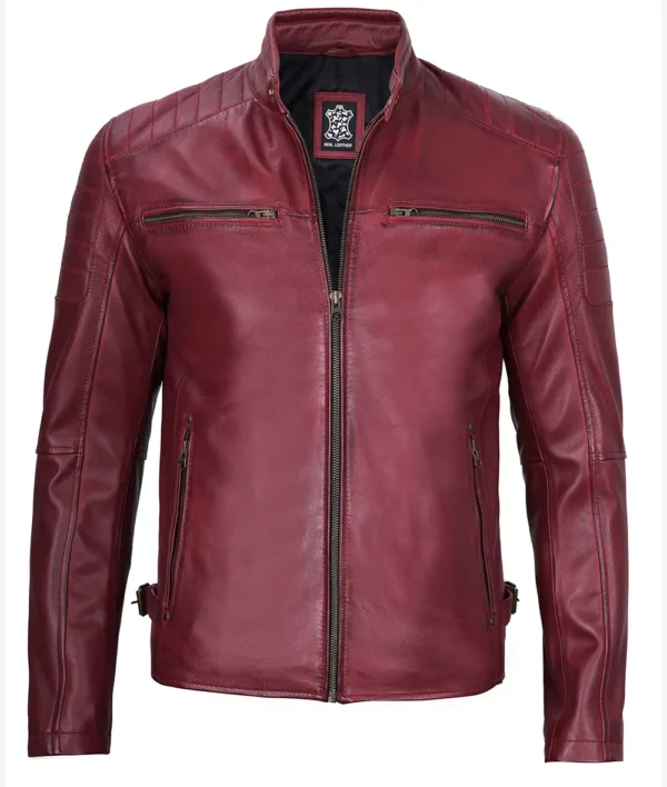 maroon leather café racer jacket