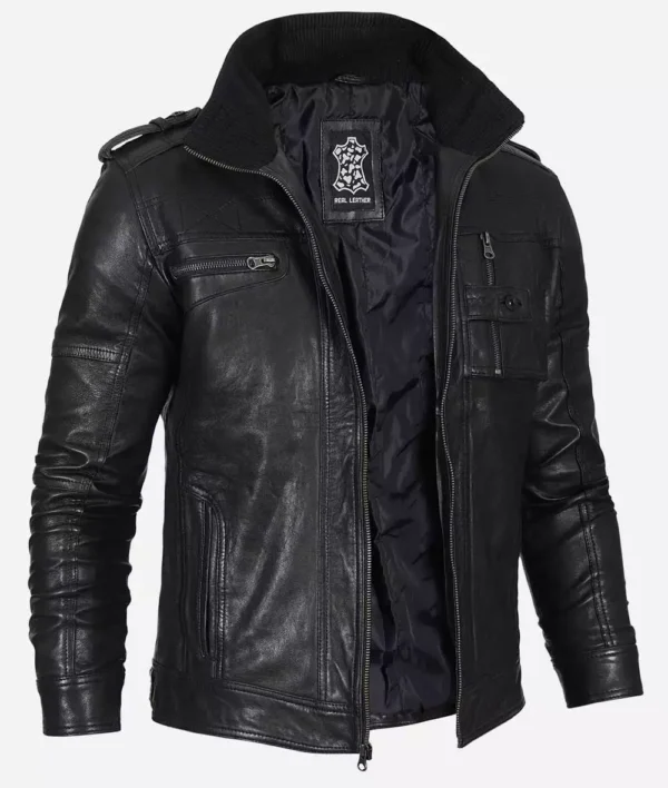 Men's black washed leather biker jacket