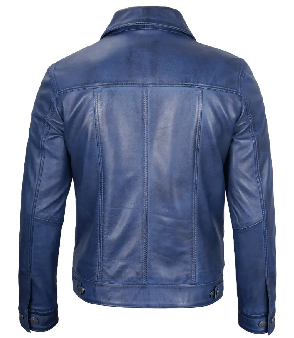Mens Classic Blue Leather Trucker Jacket