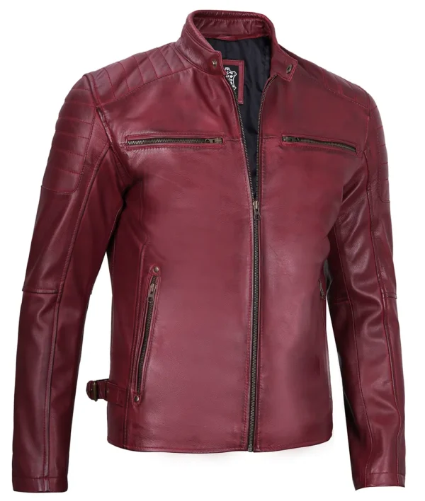 Men's maroon café racer leather jacket
