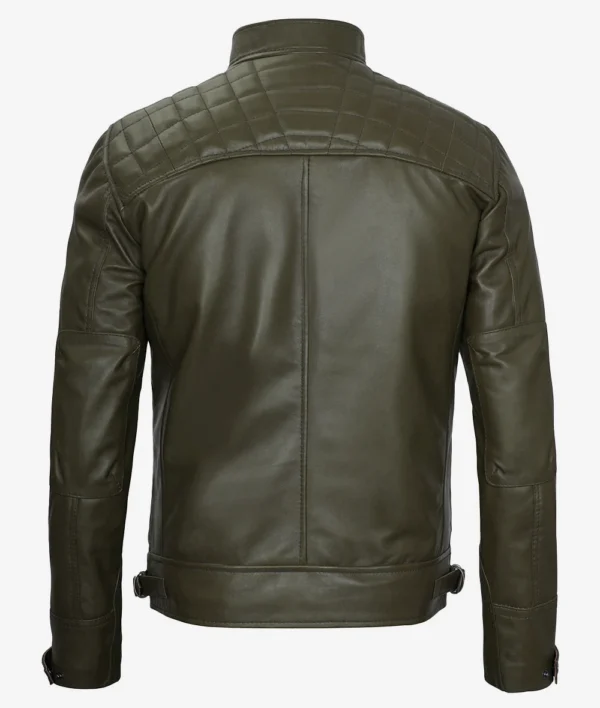Slim fit olive green café racer leather jacket