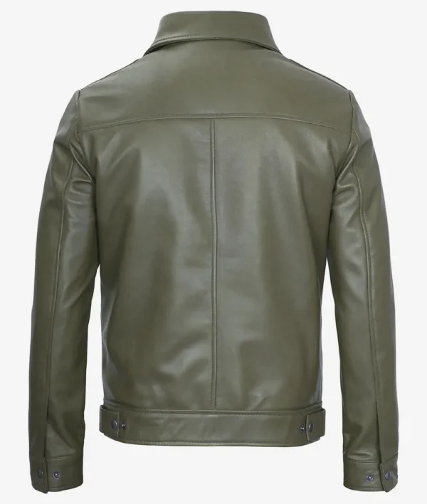 Slim fit olive green leather jacket men's