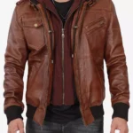 Men’s Hooded Brown Leather Bomber Jacket Tall Fit Edition