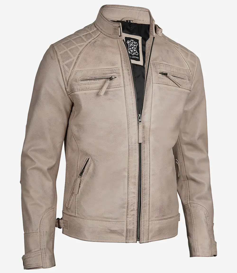 Beige Leather Cafe Racer Jacket