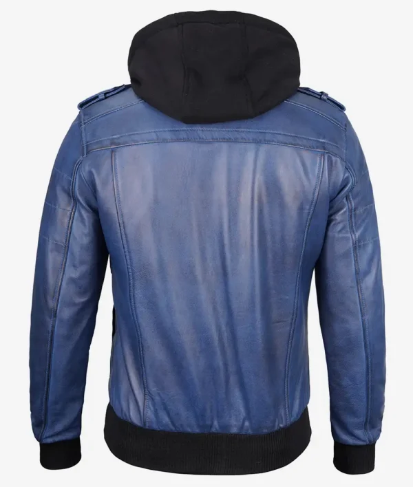 Slim fit blue wax leather jacket with hood