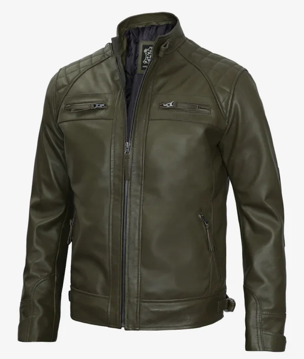 olive green leather café racer jacket