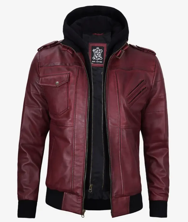 Men's maroon leather bomber jacket