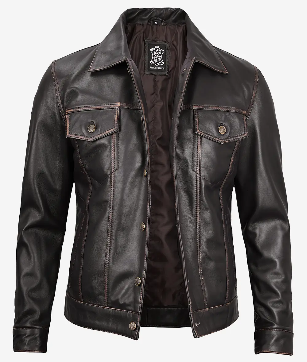 Vintage Brown Leather Trucker Jacket for Men
