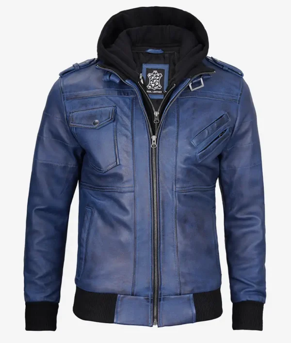 blue wax leather hooded jacket