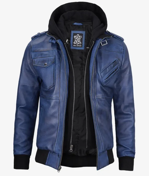 Blue waxed leather hoodie jacket for men