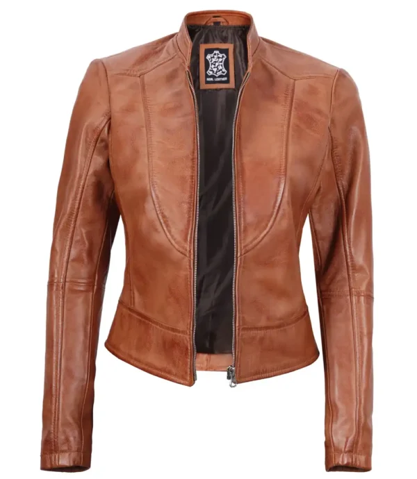 Tan Brown Leather Cafe Racer Jacket For Women - Image 4