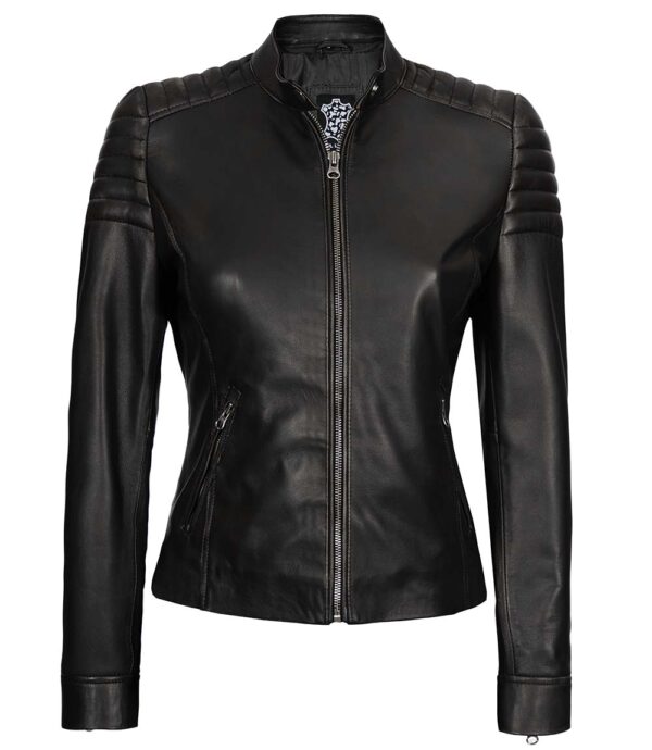 Womens Cafe Racer Black Leather Jacket - Image 3