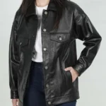Womens Black Leather Oversized Trucker Jacket