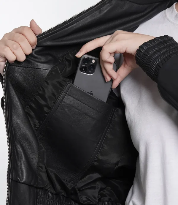 Womens Black Oversized Leather Bomber Jacket