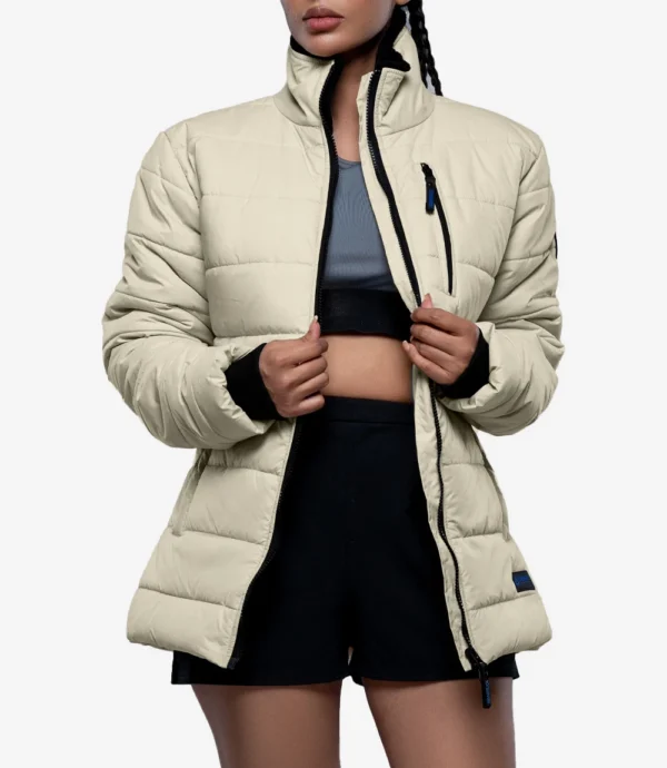 Womens Quilted Style Cream Puffer Jacket With Hood