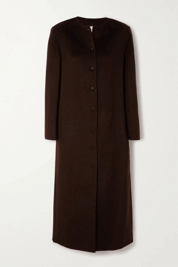 Womens Collarless Dark Brown Wool Trench Coat