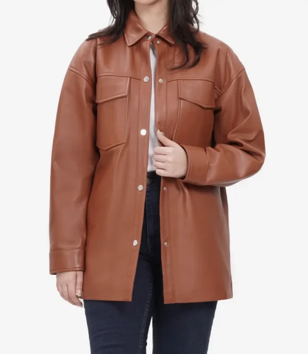 Womens Long Cognac Oversized Leather Jacket