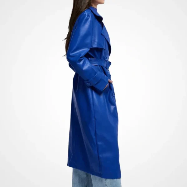 Womens Blue Leather Long Coat With Storm Flap