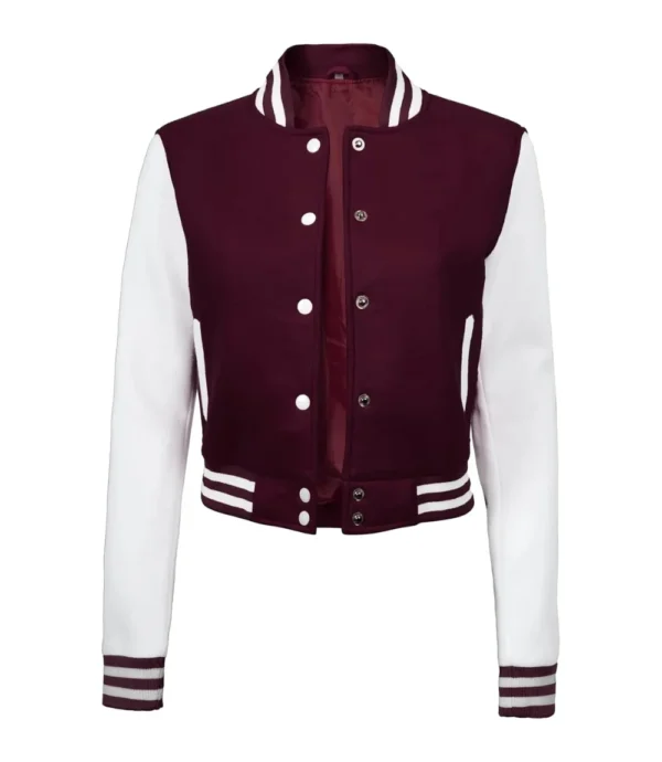 Womens Maroon And White Cropped Varsity Jacket