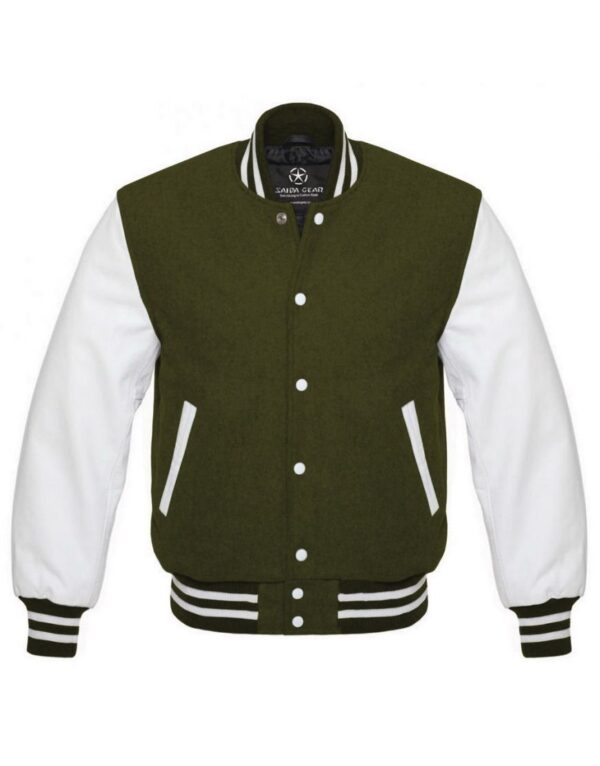Mens Olive Green And White Varsity Jacket