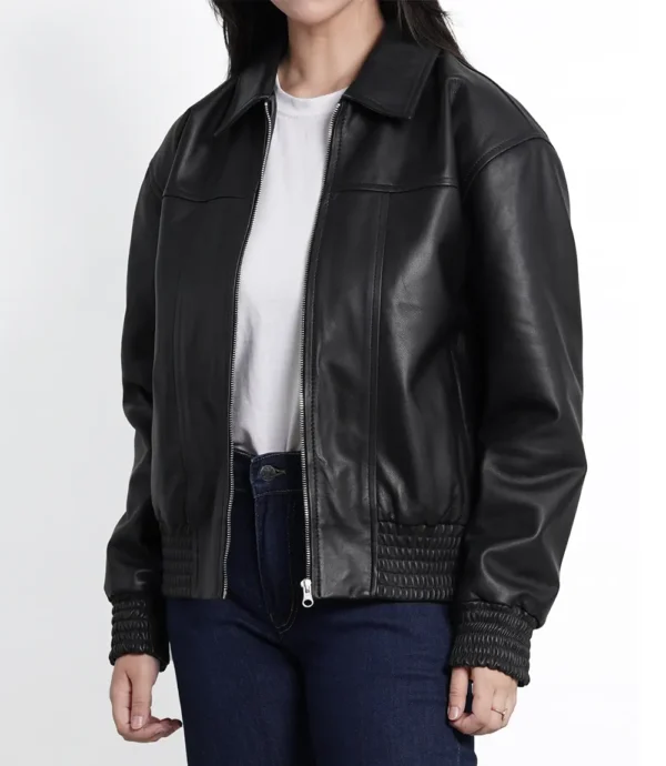 Womens Black Oversized Leather Bomber Jacket