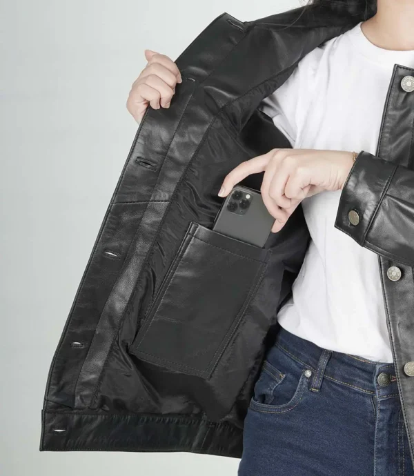 Womens Black Leather Oversized Trucker Jacket