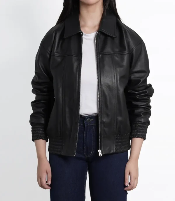 Womens Black Oversized Leather Bomber Jacket