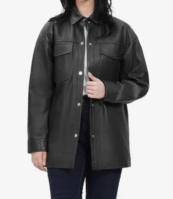 Womens Long Black Oversized Leather Jacket