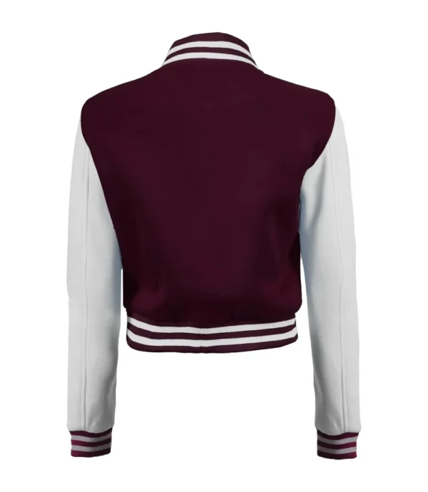 Womens Maroon And White Cropped Varsity Jacket