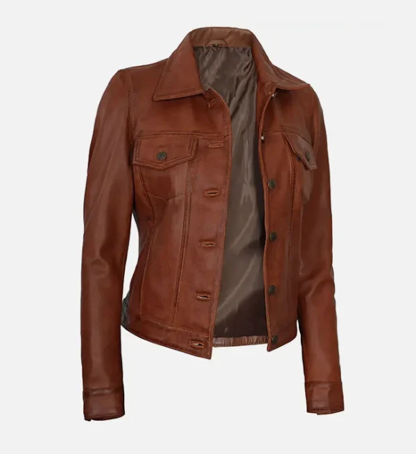 Womens Cognac Brown Trucker Leather Jacket